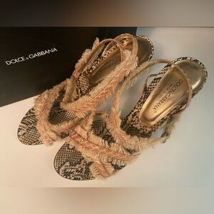 *NEW* Dolce & Gabbana Beige Sandal w/ Juta Whips 3.75" Marble-like Heel 38 Shoes